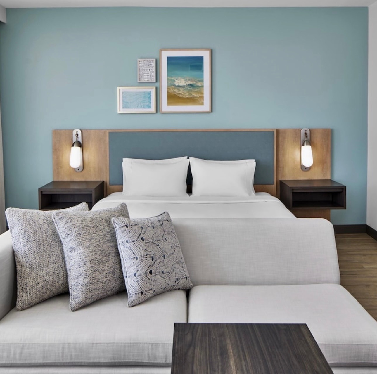 Hotel king room with upholstered headboard