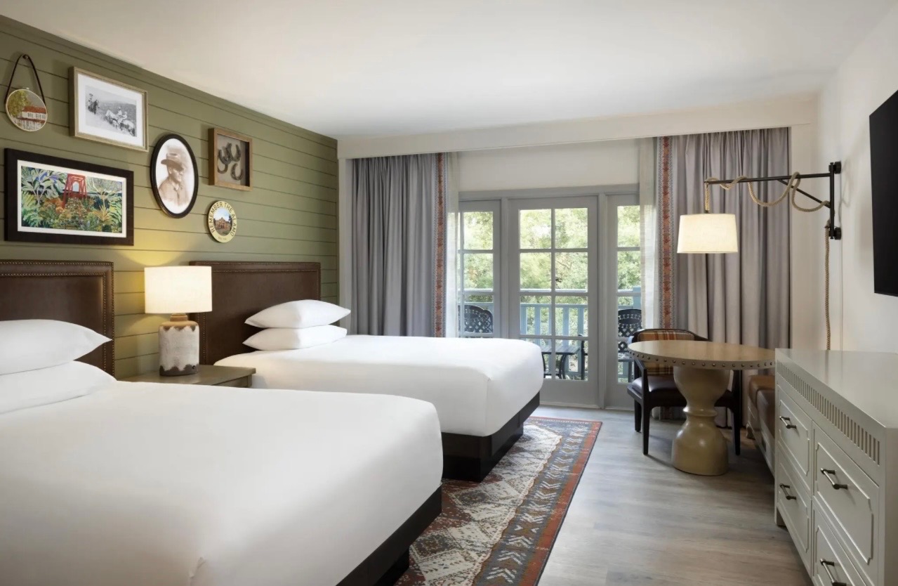 Twin-bed hotel room and furnishings